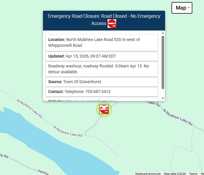 North Muldrew Lake Road Closure map